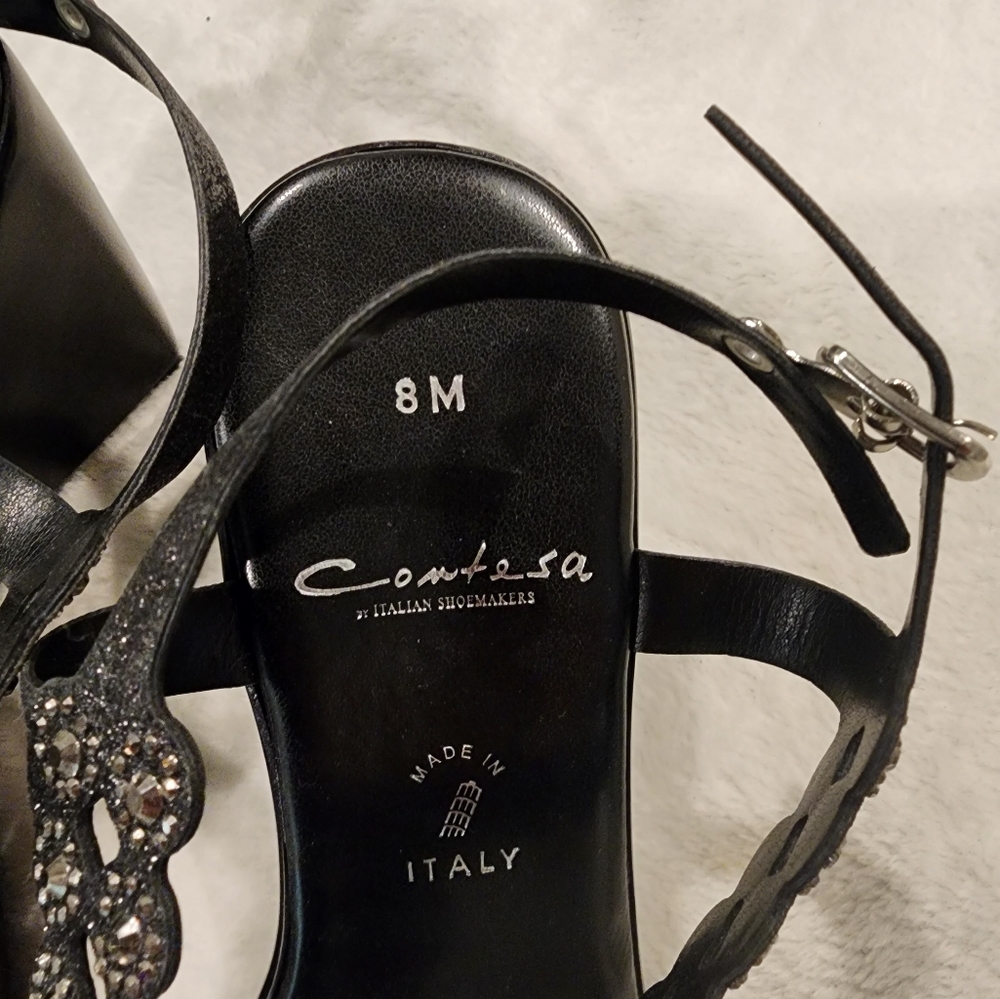 Blingy Black Wedge Sandals - Picture 2 of 5